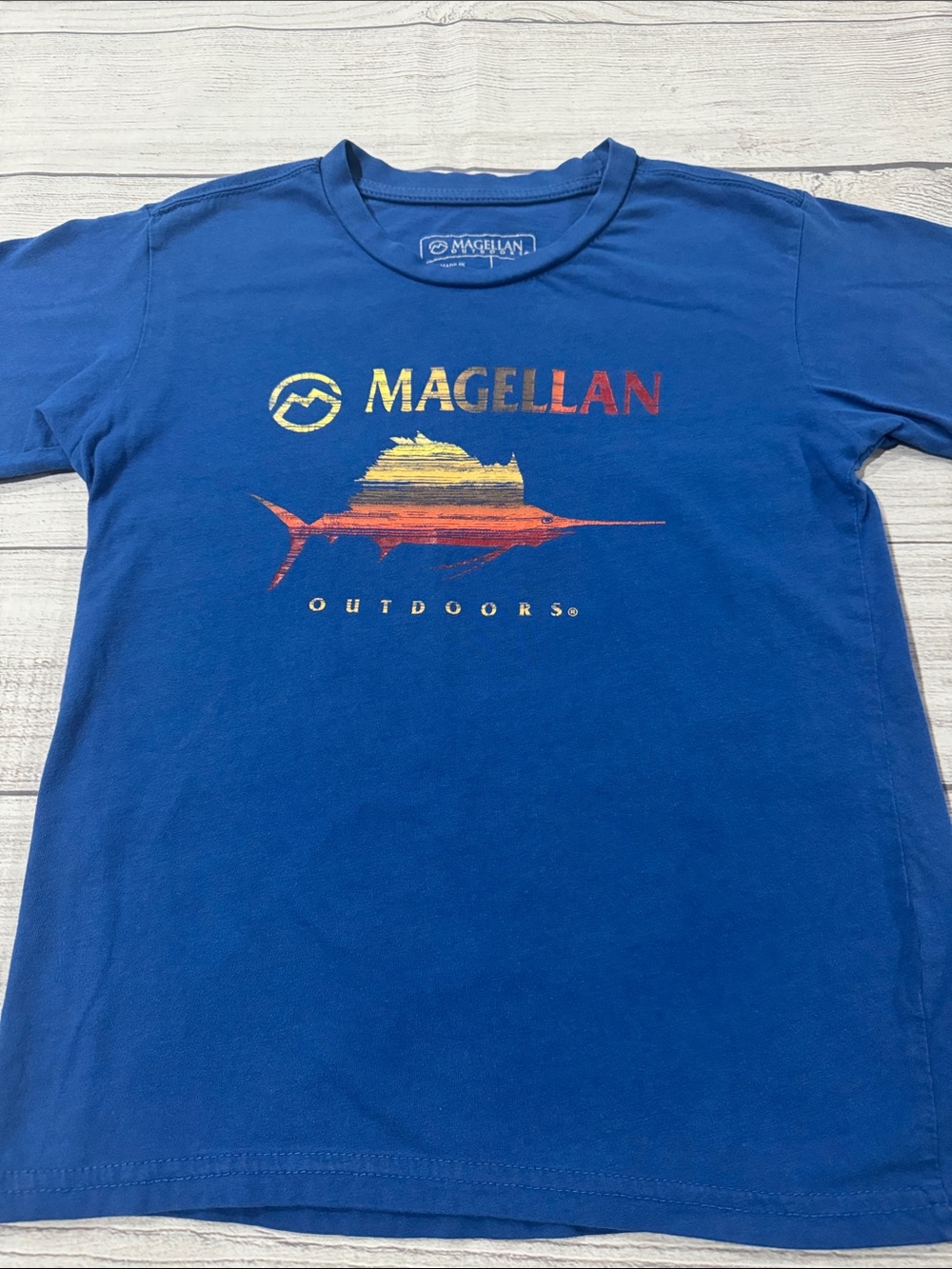 Magellan Outdoors Boys Blue Short-Sleeve Graphic Tee with Sunset Marlin
